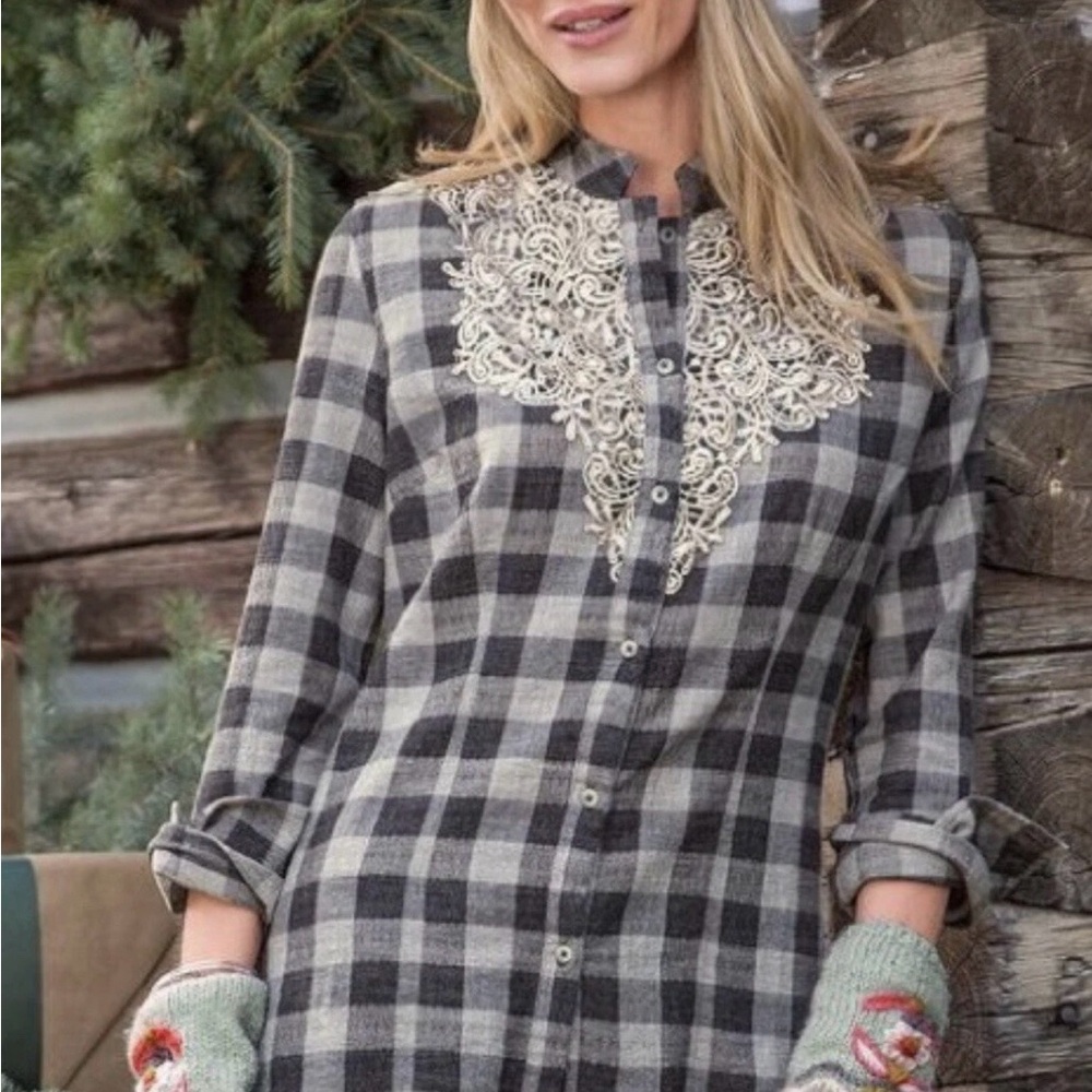 Sundance Lace Buffalo Plaid Button Up Cassidy‎ Shirt Small Gray Western Boho Top